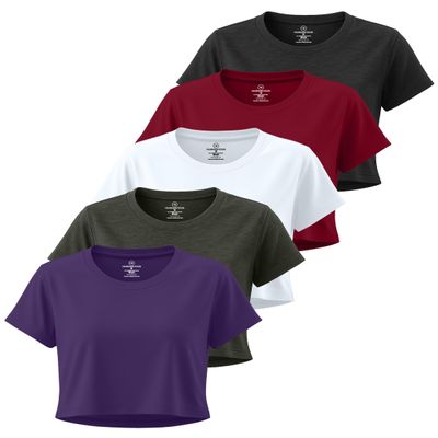 Real Essentials 5 Pack: Women's Dry-Fit Crop Top Short Sleeve Shirts Workout Gym Cropped Athletic Tee (Available in Plus)- Set 5, 3X