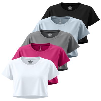 Real Essentials 5 Pack: Women's Dry-Fit Crop Top Short Sleeve Shirts Workout Gym Cropped Athletic Tee (Available in Plus) - Set 2, XXL