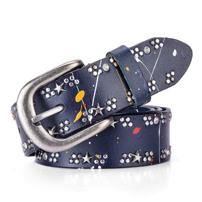 Ladies Pin Buckle Fashion Casual Genuine Leather Rivet Korean Punk Alloy Girl Jeans Luxury Designer Womans Belts for Women,Denim,110CM/43.3''
