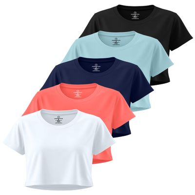 Real Essentials 5 Pack: Women's Dry-Fit Crop Top Short Sleeve Shirts Workout Gym Cropped Athletic Tee (Available in Plus) - Set 3, S