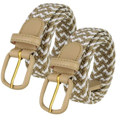2 Count 7001 Leather Covered Buckle Woven Elastic Stretch Belt 1-1/4"(32mm) Wide (Beige/White, 5XL)
