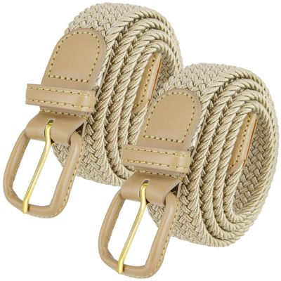 2 Count 7001 Leather Covered Buckle Woven Elastic Stretch Belt 1-1/4"(32mm) Wide (Beige, 4XL)