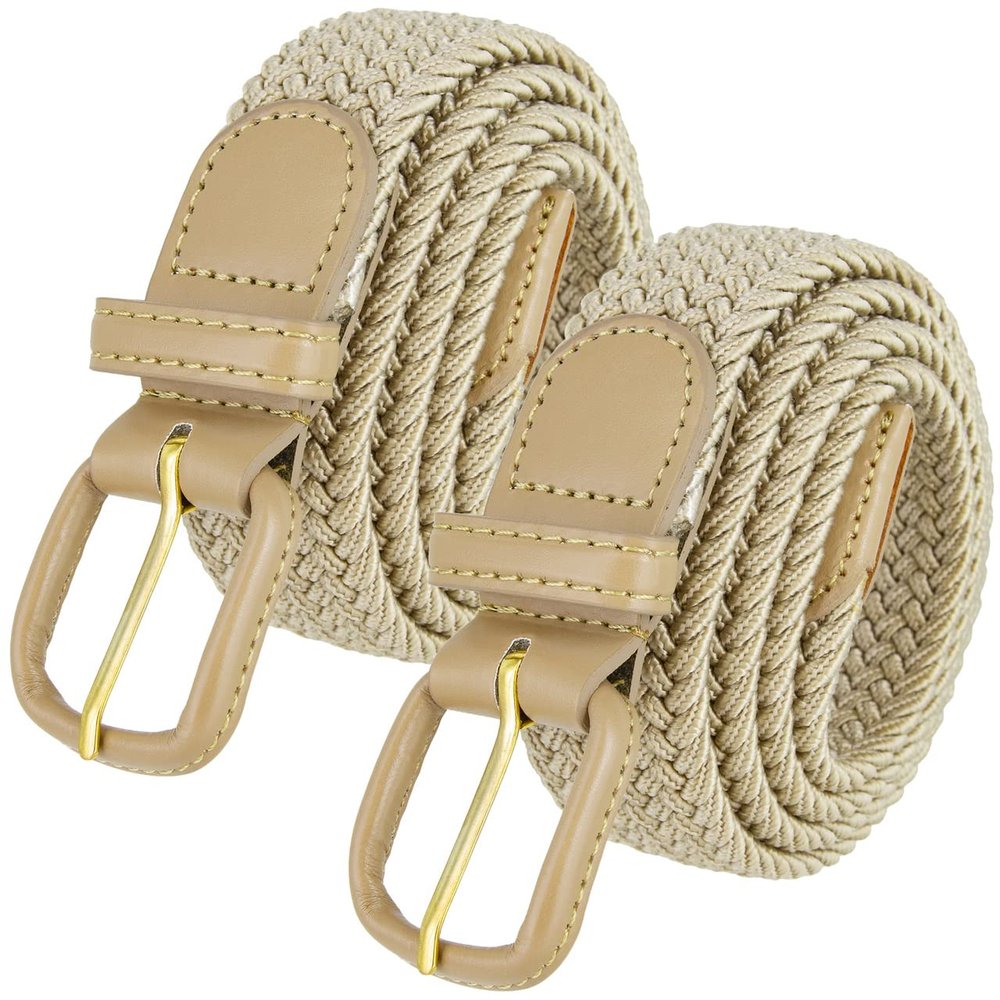 2 Count 7001 Leather Covered Buckle Woven Elastic Stretch Belt 1-1/4"(32mm) Wide (Beige, 4XL)