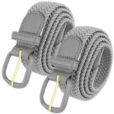 2 Count 7001 Leather Covered Buckle Woven Elastic Stretch Belt 1-1/4"(32mm) Wide (Gray, 4XL)