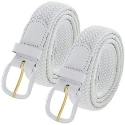 2 Count 7001 Leather Covered Buckle Woven Elastic Stretch Belt 1-1/4"(32mm) Wide (White, M)