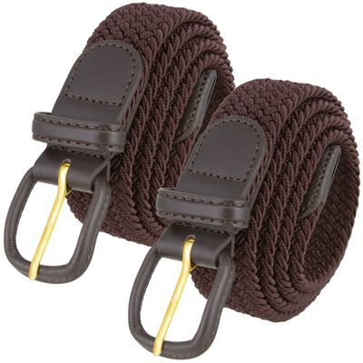2 Count 7001 Leather Covered Buckle Woven Elastic Stretch Belt 1-1/4"(32mm) Wide (Brown, S)