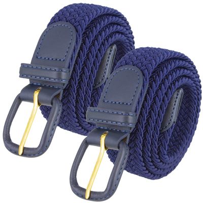 2 Count 7001 Leather Covered Buckle Woven Elastic Stretch Belt 1-1/4"(32mm) Wide (Navy, 3XL)