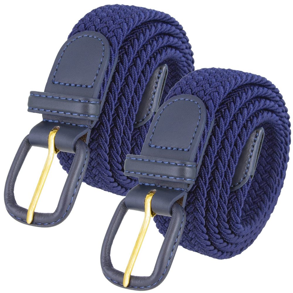 2 Count 7001 Leather Covered Buckle Woven Elastic Stretch Belt 1-1/4"(32mm) Wide (Navy, 3XL)