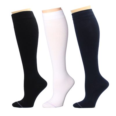 3 Pairs Women's Knee-high Therapeutic Graduated Anti-Fatigue 8-15mmHg Combed Cotton Compression Socks (X Solid Black White Navy)