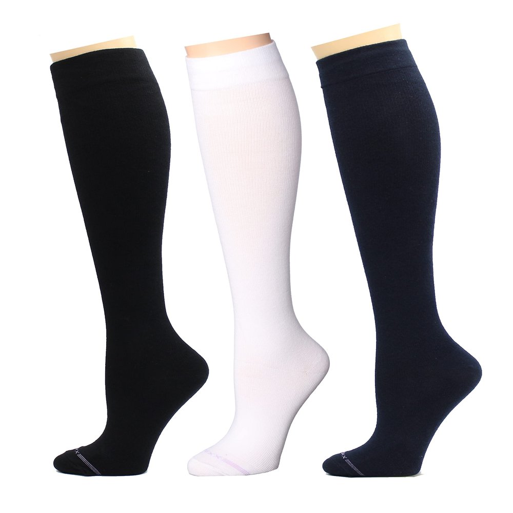 3 Pairs Women's Knee-high Therapeutic Graduated Anti-Fatigue 8-15mmHg Combed Cotton Compression Socks (X Solid Black White Navy)