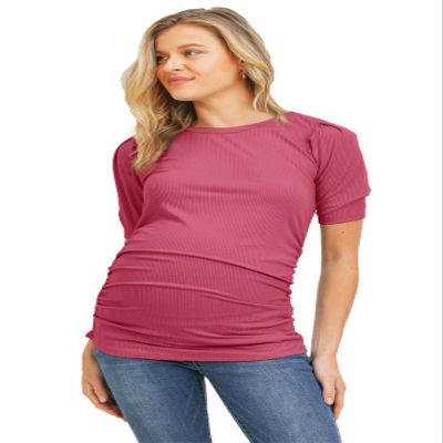 LaClef Women's Maternity Puff Sleeve Ribbed T-Shirt Top (Berry, Small)