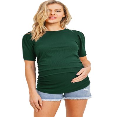LaClef Women's Maternity Puff Sleeve Ribbed T-Shirt Top (Hunter Green, Small)