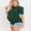 LaClef Women's Maternity Puff Sleeve Ribbed T-Shirt Top (Hunter Green, Small) view 4