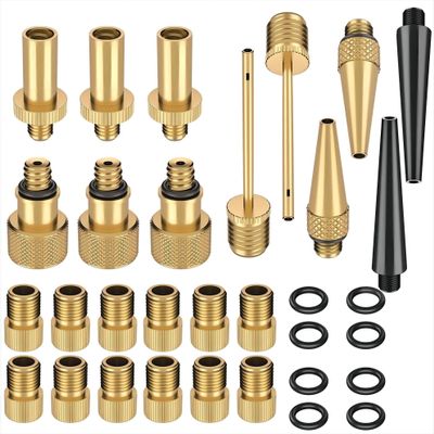 32PCS Premium Brass Valve Adapter, Bike Tire Valve Adapters, Ball Pump Needle, Adapters Kit as Inflation Devices and Accessories fit for Standard Pump or Air CompressorBrass-32Pcs 