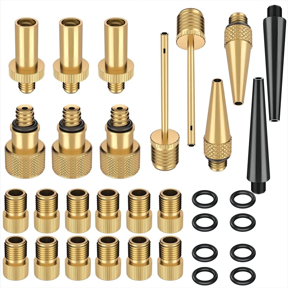 32PCS Premium Brass Valve Adapter, Bike Tire Valve Adapters, Ball Pump Needle, Adapters Kit as Inflation Devices and Accessories fit for Standard Pump or Air CompressorBrass-32Pcs