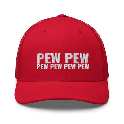 CreativeTees4You Pew Pew Pew Funny Trucker Cap Mesh Hat Adjustable Red