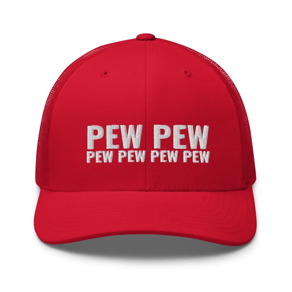 CreativeTees4You Pew Pew Pew Funny Trucker Cap Mesh Hat Adjustable Red
