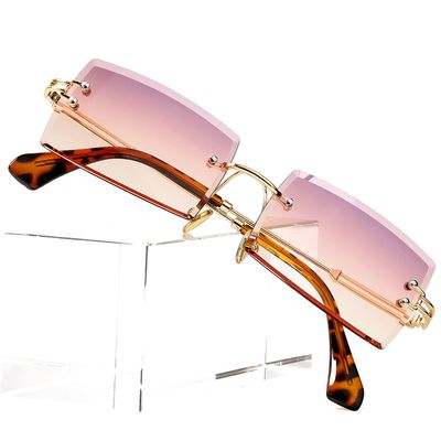 PORADAY Rectangle Sunglasses for Women Men Vintage Rimless Square Sun Glasses Candy Color (Pink/Purple)