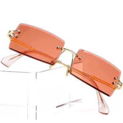 PORADAY Rectangle Sunglasses for Women Men Vintage Rimless Square Sun Glasses Candy Color (Red wine)