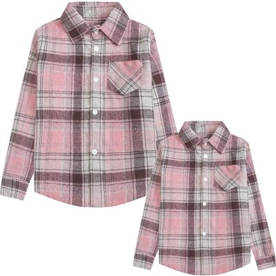 Cromoncent Girls Shirt, Long Sleeve Button Down Flannel Shirt Casual Plaid Tops for Girls, Pink1 Plaid, 7-8 Years= Tag 130