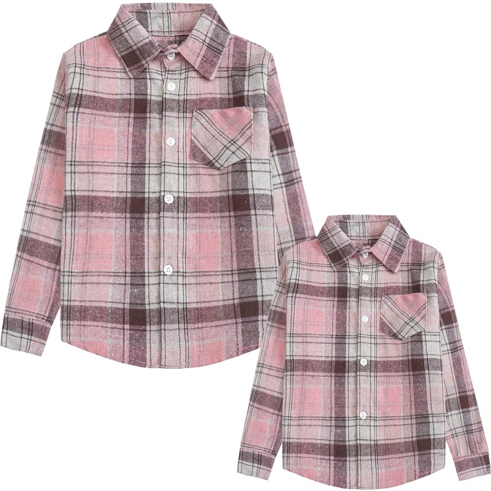 Cromoncent Girls Shirt, Long Sleeve Button Down Flannel Shirt Casual Plaid Tops for Girls, Pink1 Plaid, 7-8 Years= Tag 130