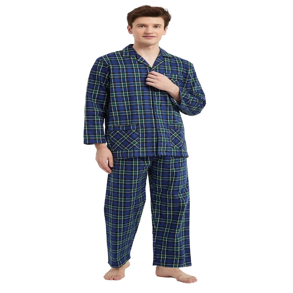 amaxer Men's 100% Cotton Flannel Pajamas Set Long Sleeve Soft Button Pijamas Elastic Drawstring High Waist Pjs for Men-M