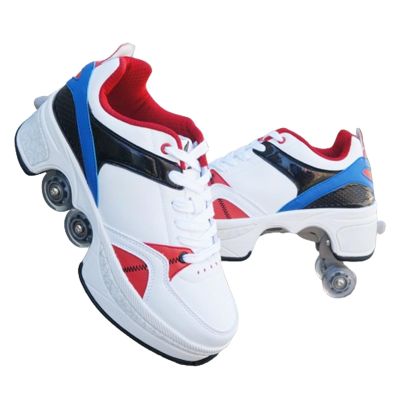 Double-Row Deform Wheel Automatic Walking Shoes Invisible Deformation Roller Skate Male and Female Skating Shoes 2 in 1 Removable Pulley Skate Shoes Recreation Sneakers