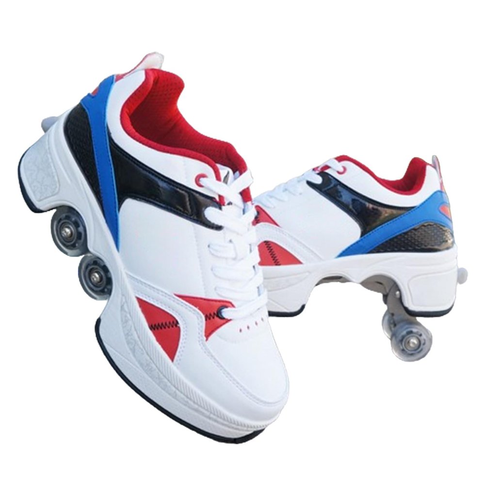 Double-Row Deform Wheel Automatic Walking Shoes Invisible Deformation Roller Skate Male and Female Skating Shoes 2 in 1 Removable Pulley Skate Shoes Recreation Sneakers