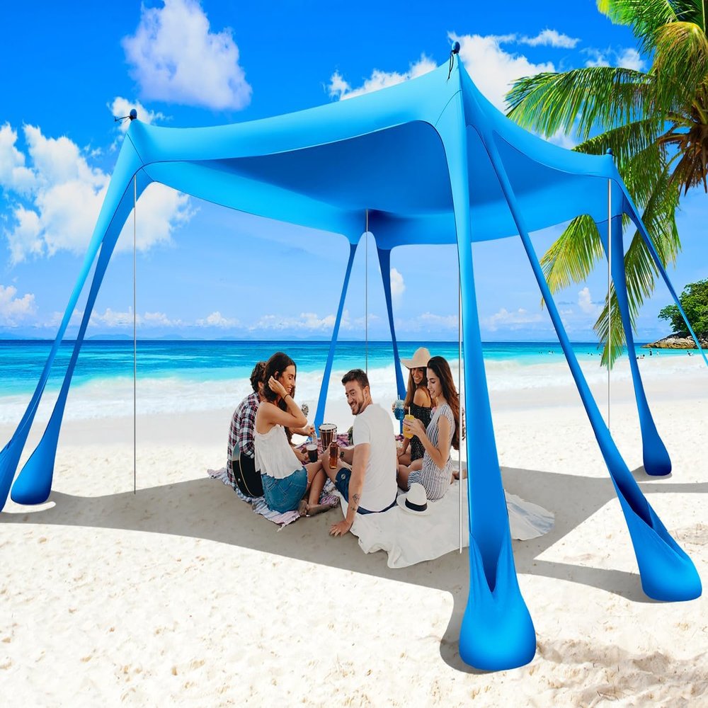 Wabolay Beach Tent Sun Shelter 10x10ft Beach Canopy Easy Pop Up Sun Shade Portable UPF50+ with 8 Sandbags-2 Sand Shovel-4 Aluminum Poles-Ground Pegs for Outdoor Family Camping Fishing Backyard Picnic