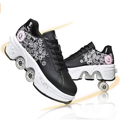LDRFSE Double-Row Deform Wheel Automatic Walking Shoes Invisible Deformation Roller Skate Male and Female Skating Shoes 2 in 1 Removable Pulley Skate Shoes Recreation Sneakers