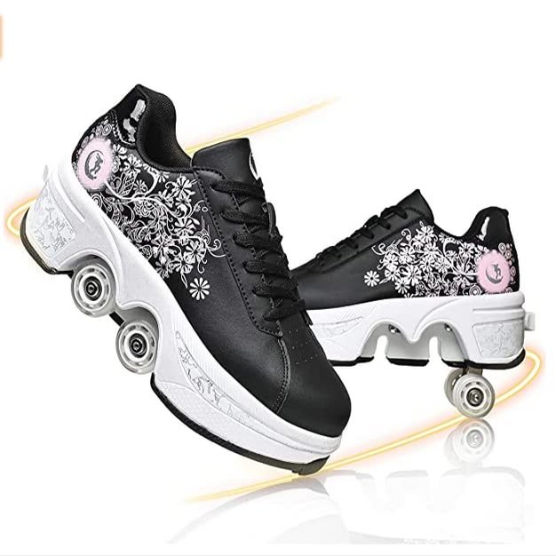 LDRFSE Double-Row Deform Wheel Automatic Walking Shoes Invisible Deformation Roller Skate Male and Female Skating Shoes 2 in 1 Removable Pulley Skate Shoes Recreation Sneakers