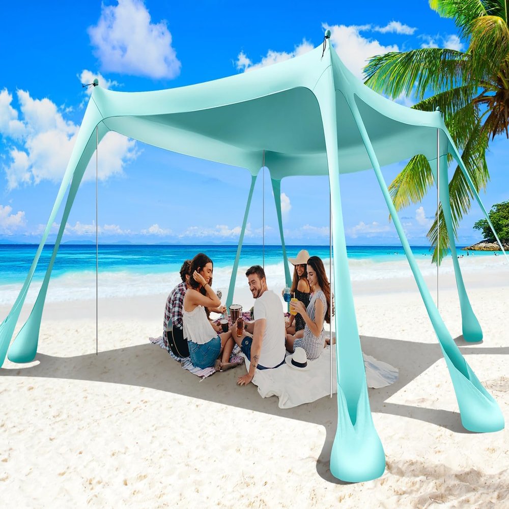Wabolay Beach Tent Sun Shelter 10x10ft Beach Canopy Easy Pop Up Sun Shade Portable UPF50+ with 8 Sandbags-2 Sand Shovel-4 Aluminum Poles-Ground Pegs for Outdoor Family Camping Fishing Backyard Picnic