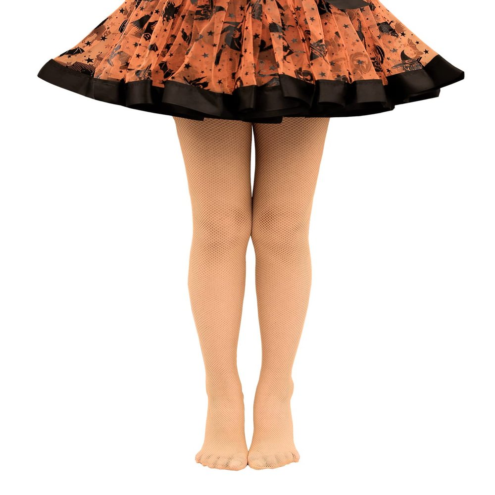 VINICUNCA Girls Fishnet Stockings for Princess Dress High Waist Mesh Tights Cute Pattern Knit Socks (7-14 Years, Skin-mini Grid)