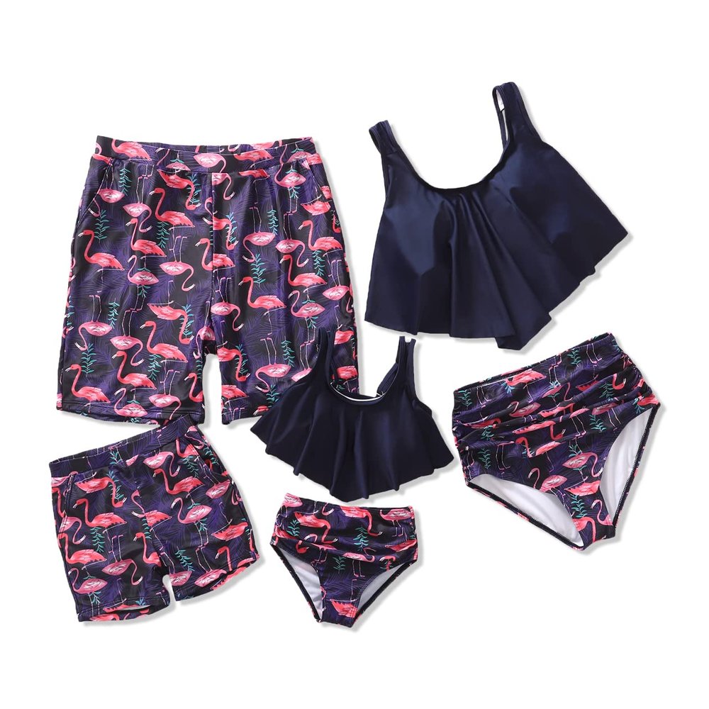 Ebrolkit Family Matching High Waisted Bikini Swimsuit 2 Piece Mommy and Me Ruffled Flounce Swimwear Bathing Suit Set (Men, X-Large, Blue-Flamingo)