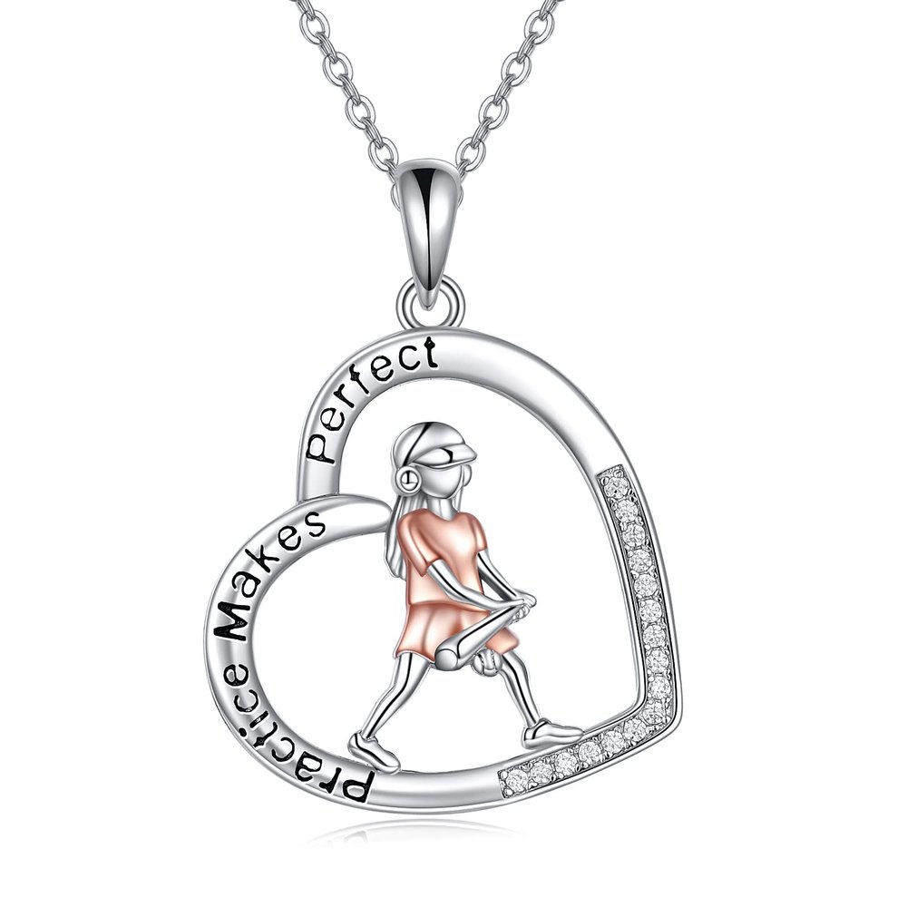 SHEAISRS 925 Sterling Silver Heart Softball Necklace Softball Jewelry Sport Necklace for Women