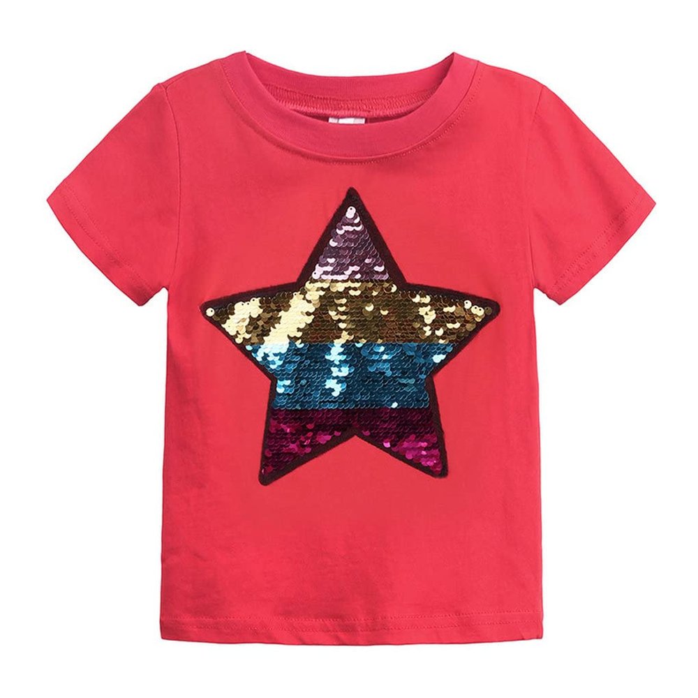 Toddler Little Kids Baby Boys Girls Magic Flip Sequins Tshirt Short Sleeve Crew Neck Pullover Tees Tops (4-5 Years, Red)