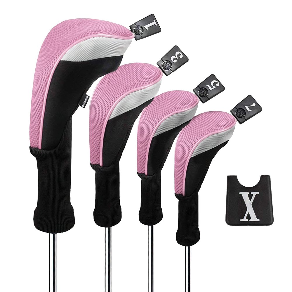 Andux 4pcs/Set Mesh Golf 460cc Driver Fairway Wood Club Head Covers Long Neck with No. Tags Black/Pink