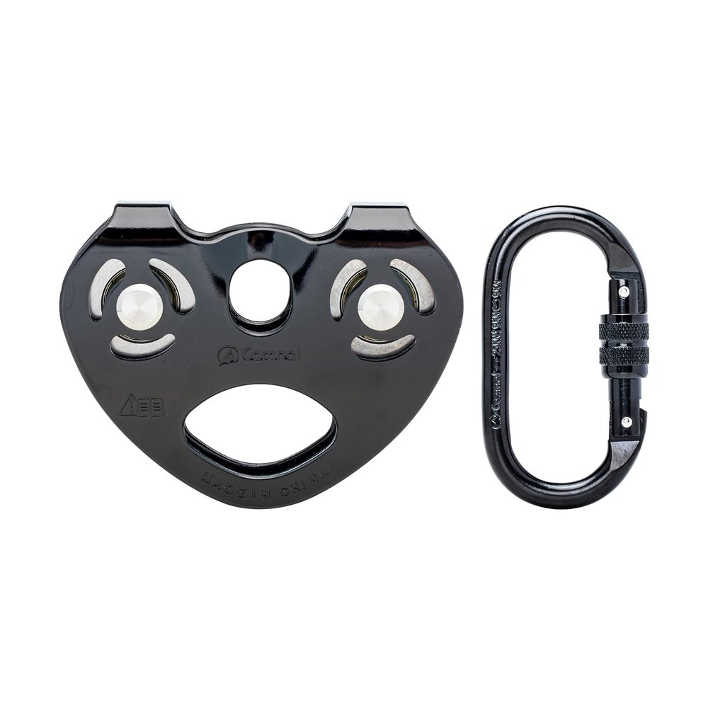CAMNAL Zipline Trolley Kit with 25kN Carabiner Double Tandem Dual Pulley Speed Dual Trolley for Rock Climbing Caving Aloft Work Rescue,Black with Carabiner