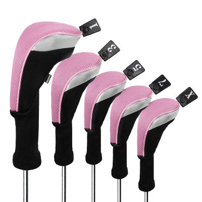 Andux 5pcs/Set Mesh Golf 460cc Driver Fairway Wood Club Head Covers Long Neck with No. Tags Black/Pink