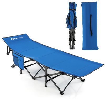 Goplus Folding Camping Cot, 27.5" Sleeping Cot for Adults with Carry Bag, 600LBS Weight Capacity, Slanted Head, Side Pocket, Heavy Duty Portable Camping Bed for Kids, Beach, Office Snap (Blue)