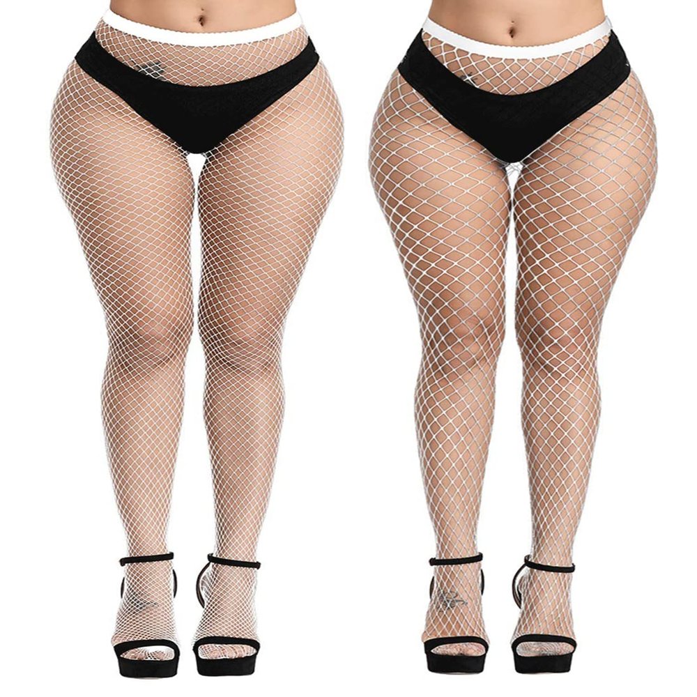 E-Laurels Womens High Waist Patterned Fishnet Tights Suspenders Pantyhose Thigh High Stockings (White Fishnet Tights M+L_hole)