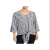 A + A COLLECTION Womens Gray Striped 3/4 Sleeve V Neck Top M view 1