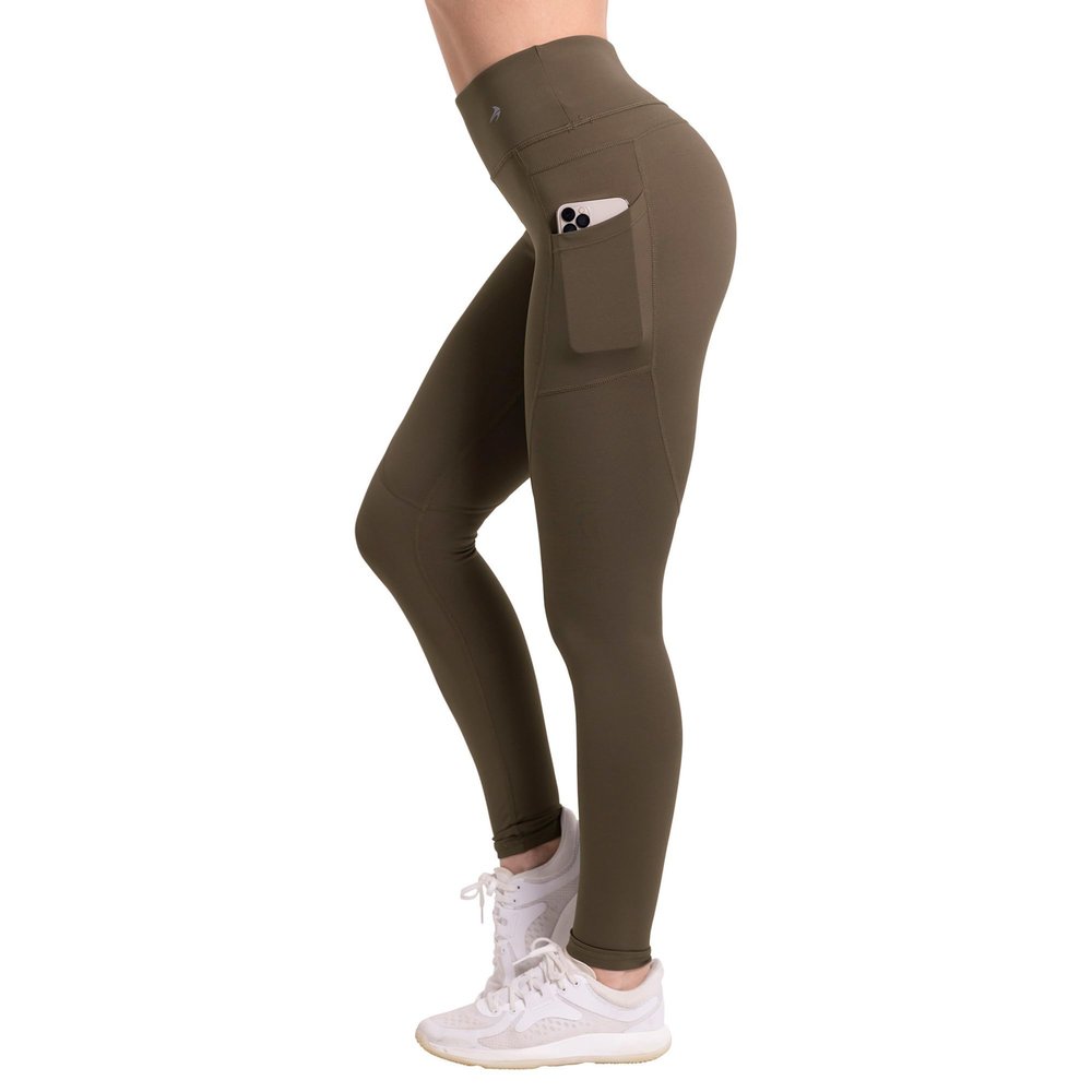 CompressionZ Women's Compression Leggings High Waisted Performance Shaping Gym, Pilates, Travel, Yoga, Workout Pants W/Pockets Olive Brown XX-Large
