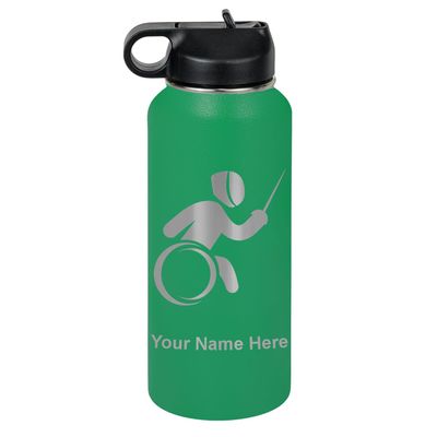 LaserGram Personalized 32oz Water Bottle, Wheelchair Fencing (Green)