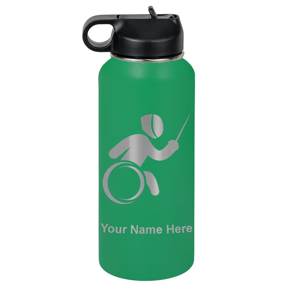 LaserGram Personalized 32oz Water Bottle, Wheelchair Fencing (Green)