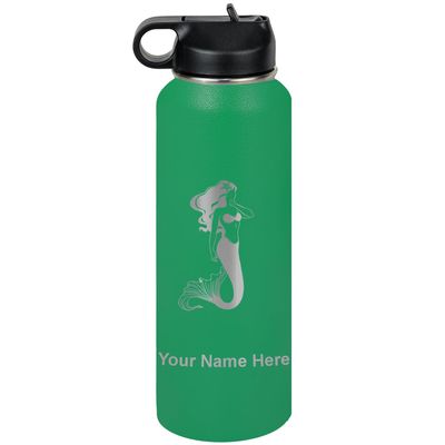 LaserGram Personalized Water Bottle, Mermaid, Stainless Steel Double Wall Vacuum Insulated with Flip Top Straw, Custom Engraved Gift (40oz / 1180ml Green)