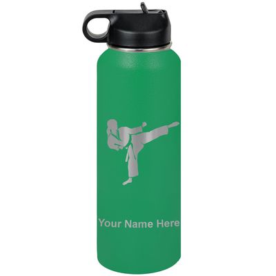 LaserGram Personalized Water Bottle, Karate Woman, Stainless Steel Double Wall Vacuum Insulated with Flip Top Straw, Custom Engraved Gift (40oz / 1180ml Green)