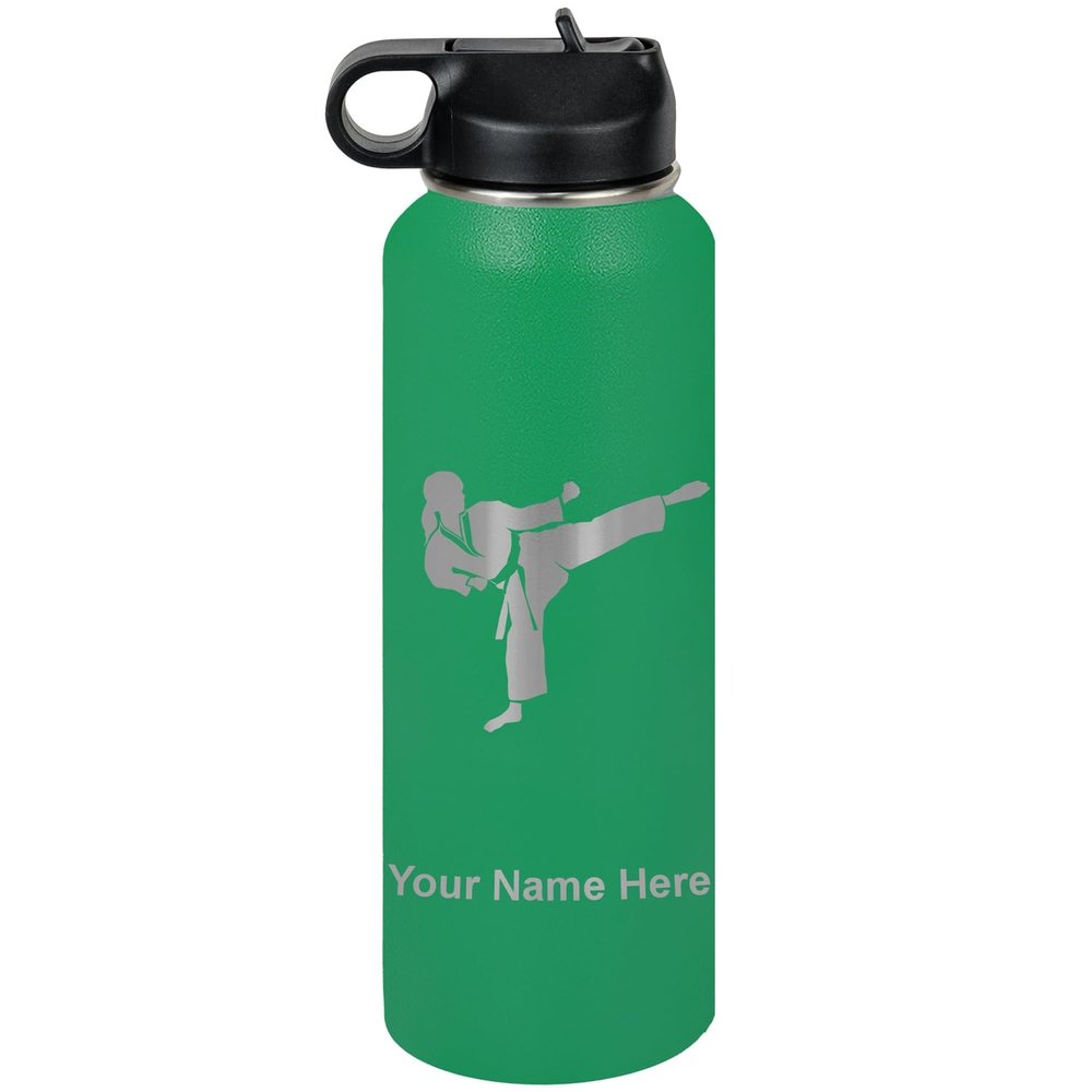 LaserGram Personalized Water Bottle, Karate Woman, Stainless Steel Double Wall Vacuum Insulated with Flip Top Straw, Custom Engraved Gift (40oz / 1180ml Green)