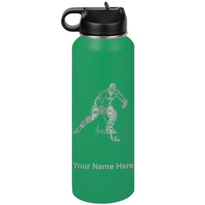 LaserGram Personalized Water Bottle, Hockey Player Man, Stainless Steel Double Wall Vacuum Insulated with Flip Top Straw, Custom Engraved Gift (40oz / 1180ml Green)
