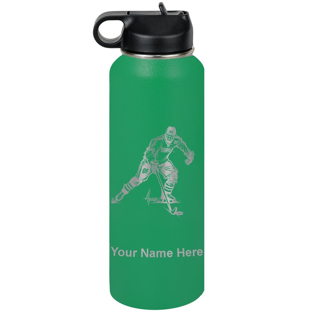 LaserGram Personalized Water Bottle, Hockey Player Man, Stainless Steel Double Wall Vacuum Insulated with Flip Top Straw, Custom Engraved Gift (40oz / 1180ml Green)